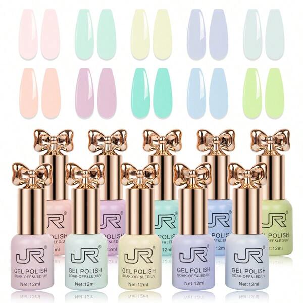 JR JR 10pcs 12ml Gel Nail Polish Set Including Red Pink Nude Gel Polish Kit UV LED Soak Off Polish Home DIY Top Coat Base Coat Gifts For Girl