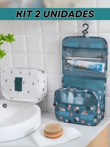 KIT 2 Bolsa Organizadora de Viagem para Higiene Pessoal com Divisória e Cabide Gancho Estampado