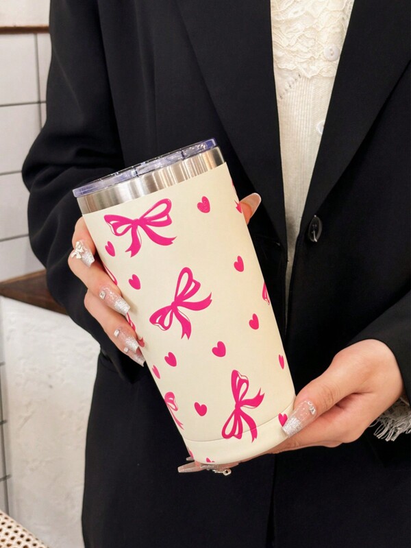1pc 600ml/20oz Bow Heart Shaped Insulated Tumbler, Keeps Drinks Hot/Cold, Travel & Outdoor Sports Water Bottle, Coffee Cup, Car Cup, Suitable For School Opening, Christmas, Valentine's Day, Mother's Day Gifts, Birthday Gifts