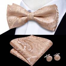 Męska muszka Precyzyjna muszka i poszetkowe spinki do mankietów Złote żółte brązowe geometryczne krawaty Paisley