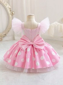 Vestido elegante de fiesta de Navidad con lunares, manga de tul y lazo con lentejuelas para niña, vestido de princesa, adecuado como regalo de cumpleaños, para fiesta, niña de las flores en boda, vestido formal - Rosa - Ver 2