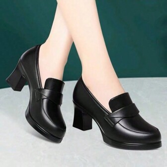 Black Round Toe High Heel Shoes For Women, Thick Heel Waterproof Platform, New Spring 2025 Ladies Soft Leather Pumps, Non-Fatiguing