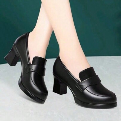 Fall/Winter Black Round Toe High Heel Shoes For Women, Thick Heel Waterproof Platform, New Spring 2025 Ladies Soft Leather Pumps, Non-Fatiguing,Elegant,Loafers