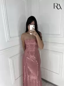 Vestido Beatrice | Longo de Paetê Brilhoso Soltinho Costas Nua Com Amarração Ajustável - Festa, Formatura, Madrinha de Casamento, Aniversário, Eventos, Noite, Dia, Verão, Primavera