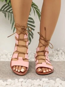 Plus Size Women Boho Style Fashion Lace-Up Flat Sandals, Pattern, Pink, Suitable For Travel & Vacation - Pink - View 2