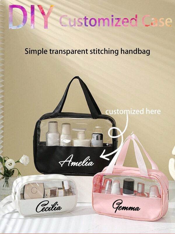 1pc Customized Large Capacity Translucent Makeup Bag, Customized Text, Name, PVC Semi-Transparent Patchwork Makeup Bag, Large Capacity Waterproof Handheld Travel Organizer Bag, Suitable For Bridesmaid Gift, Birthday Gift, Grandmother Gift, Anniversary Gift, Valentine's Day Gift, Birthday Gift, Wedding Gift, Mother's Day Gift, Best Friend Gift, Gift For Mom, Gift For Girlfriend, Gift For Her, Gift For Wife,Multi-Functional,Ornamental,Letter,Solid Color,Exquisite,Stylish,Vintage,Modern,Colorful,Leisure,Basics,Casual,Soft,Unique,Customized,Personalized,Custom,Ideal Gifts For Her,Girlfriend,Her,Boyfriend,Friends