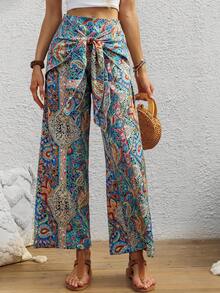 Lace-Up Colorblock High Waist Casual Loose Fit Pants, Multiple Colors