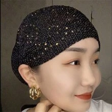 优雅女士纯色针织帽，带水钻装饰 - 柔软、有弹性且舒适，适合日常休闲和正式场合 - 彩色 - 查看 1