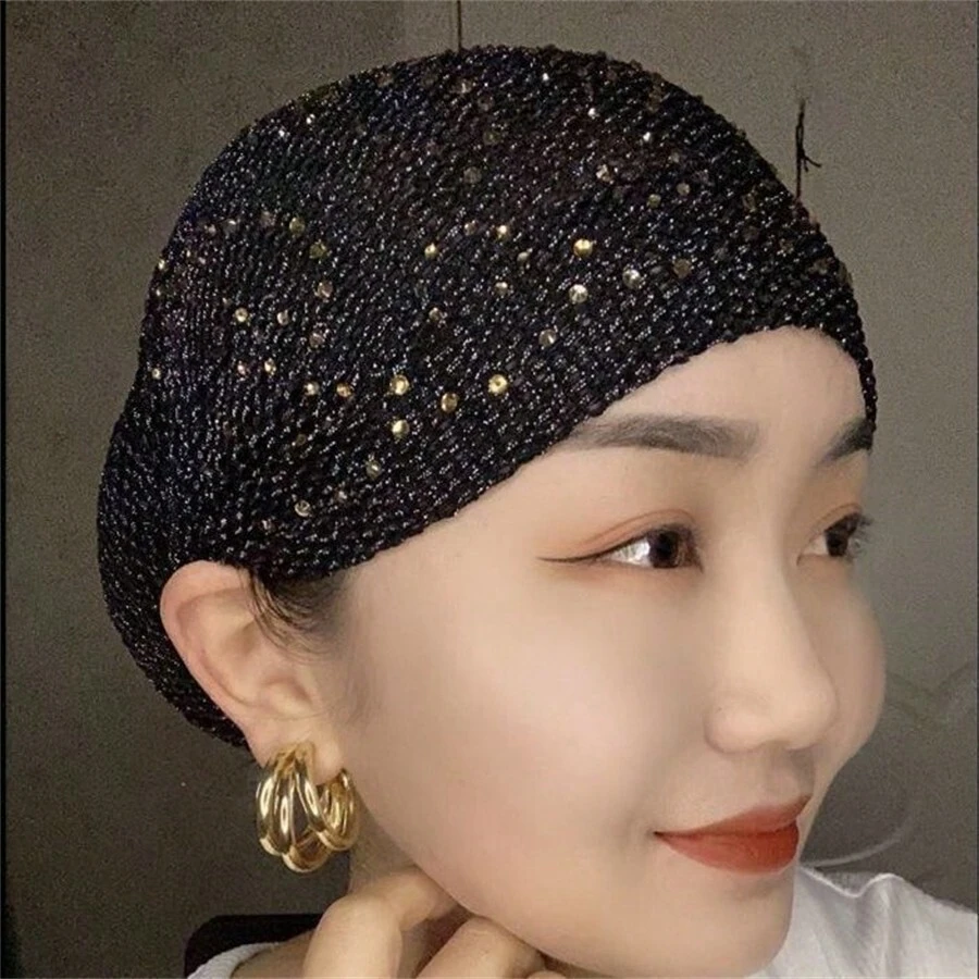 优雅女士纯色针织帽，带水钻装饰 - 柔软、有弹性且舒适，适合日常休闲和正式场合 - 彩色 - 查看 1