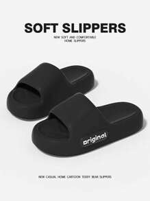 New Arrival Casual Stripe & Letter Design Men's Indoor Slippers, EVA Non-Slip Bathroom Shower Slides, Lightweight Soft & Comfortable Thick Sole, Versatile For Indoor & Outdoor, Black Color For Men & Women