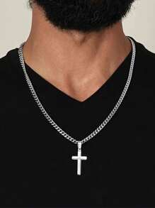 A And Handsome Cuban Chain Cross Necklace, Suitable For Daily Wear, As A Birthday Or Party Gift For My Nephew, Including Gift Cards And Gift Box Packaging - silvery - View 2