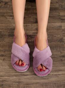 Pantuflas de mujer con correas cruzadas de peluche, suaves y esponjosas para interiores y exteriores, zapatillas de casa esponjosas, cómodas y cálidas, sandalias abiertas color rosa - Púrpura malva - Ver 2