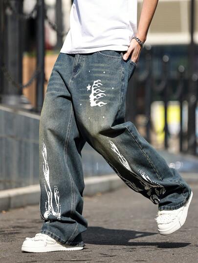 Calça Denim casual solta com bolsos com remendo de Chamas da HEHCN, Streetwear retrô baggy azul estilo Y2K