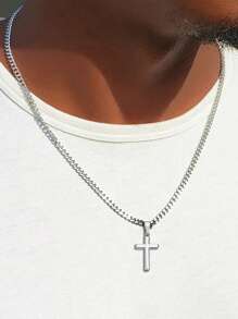 A And Handsome Cuban Chain Cross Necklace, Suitable For Daily Wear, As A Birthday Or Party Gift For My Nephew, Including Gift Cards And Gift Box Packaging - silvery - View 5