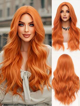 Orange Long Curly Wig Charming And Sexy Women's Center-Parted Wavy Wig Soft, Breathable, Heat-Resistant Synthetic Fiber Wig Perfect For Daily Wear, Parties, Cosplay, Halloween Costumes 24 Inches