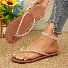 女士夏季人字拖，带水钻装饰的防滑沙滩凉鞋，舒适平底鞋，别致的绒面夏季休闲鞋 - 棕色 - 查看 1