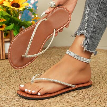 Sandalias de verano para mujer, chancletas antideslizantes para la playa con decoración de cristales, cómodas y planas, elegantes zapatos casuales de verano tipo ante