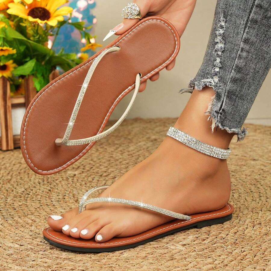 女士夏季人字拖，带水钻装饰的防滑沙滩凉鞋，舒适平底鞋，别致的绒面夏季休闲鞋 - 棕色 - 查看 1