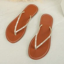 女士夏季人字拖，带水钻装饰的防滑沙滩凉鞋，舒适平底鞋，别致的绒面夏季休闲鞋 - 棕色 - 查看 7