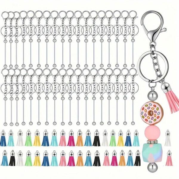 Juego surtido de 24/48/72 llaveros con cuentas, que incluye llaveros con cuentas plateadas y borlas de colores, para hacer joyas, pulseras, dijes de joyería DIY