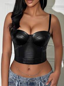 Rave Spaghetti Strap PU Leather Corset Bustier Crop Cami Top Music Festival
