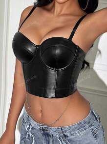 Rave Spaghetti Strap PU Leather Corset Bustier Crop Cami Top Music Festival