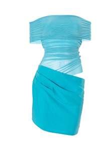 Women's Summer Mini Party Dresses Short Sleeve Off Shoulder Solid Color Ruched Mesh Dresses - Blue - View 4