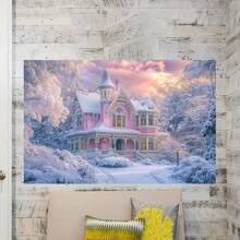 Decoración de arte de Casa de Jengibre rosa de Navidad, Póster de Navidad rosa, perfecto para el hogar y salas de estilo granja
