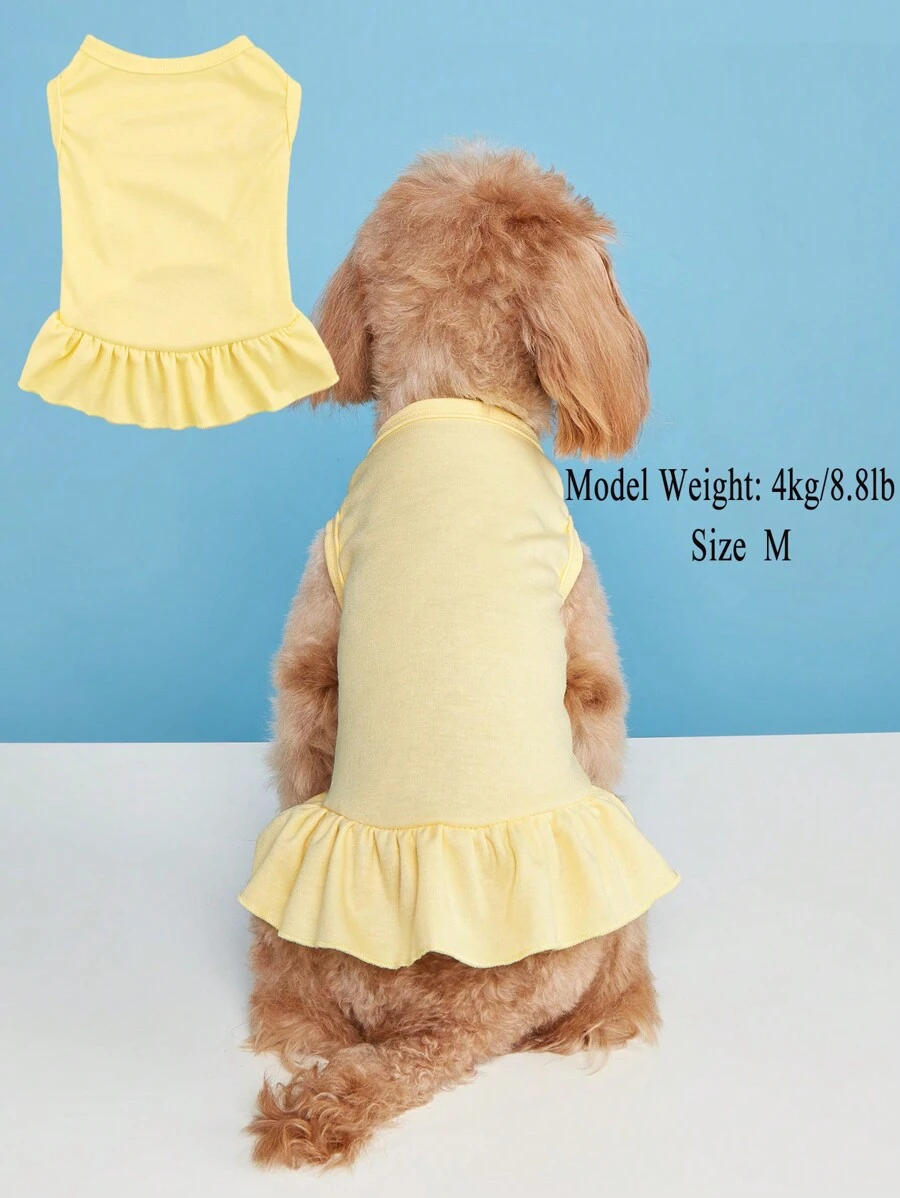 1pc Ruched T-Shirt Dress, Princess Ruffle Hem, Sleeveless Pet Dog Cat Dress, Spring/Summer - Yellow - View 1