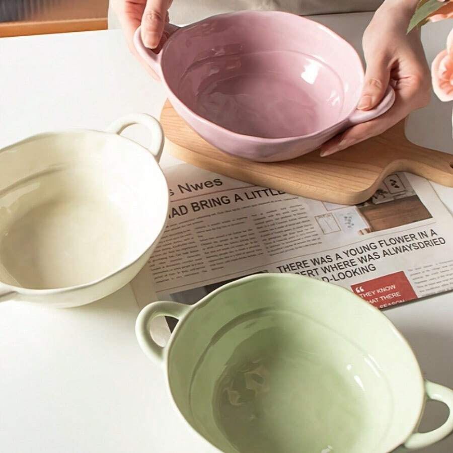 Double Ear Anti-Scalding Ceramic Large Capacity Bowl Household High Appearance Level Network Red Salad Bowl Special Bowl - 紫色 - 查看 1
