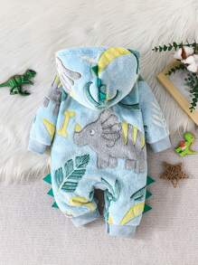 Pelele con capucha suave de niño pequeño, diseño casual con estampado de dinosaurio, abotonadura delantera, manga larga, mono para bebés e infantes, conjunto de otoño - Azul - Ver 4