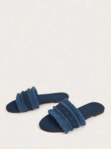 女士蓝色毛绒绒流苏装饰波西米亚风平底凉鞋，度假风。毛绒球和流苏装饰的长度和数量随机，面料材质和蓝色复古图案随机，适合春夏穿着。 - 藍色 - 查看 2