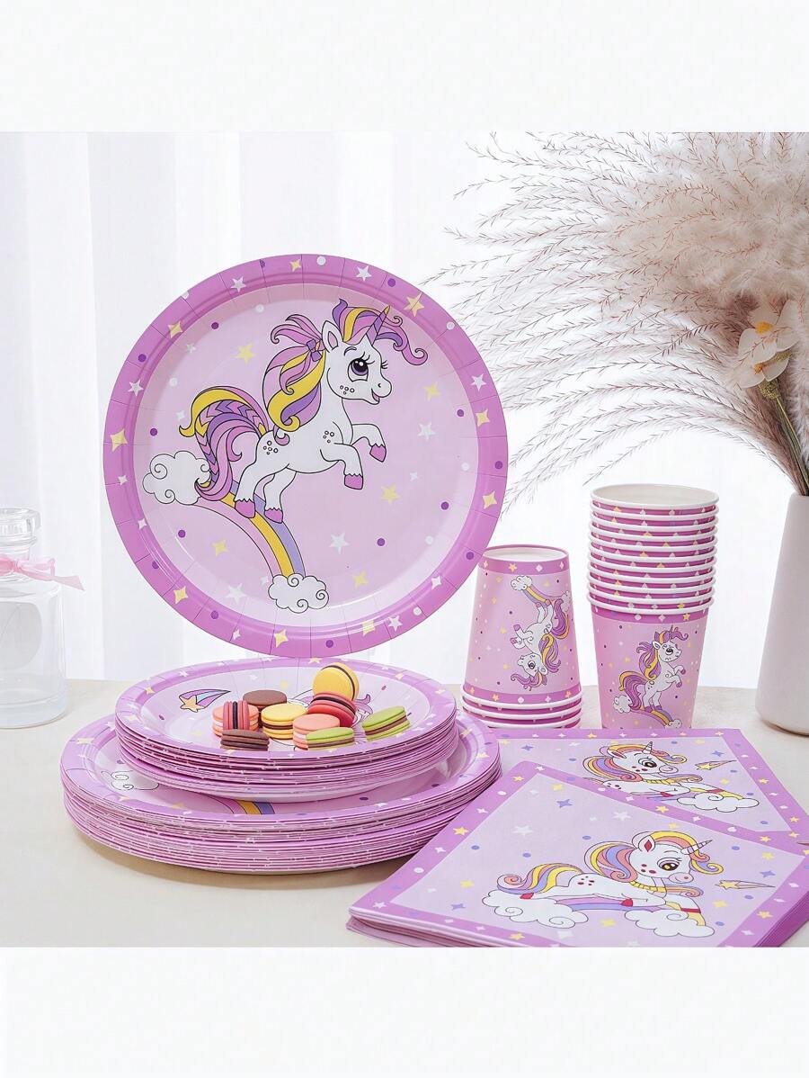 68 Piece Set, Disposable Tableware, Cartoon Unicorn Themed Disposable Paper Tray, 7-Inch Paper Tray, 9-Inch Paper Tray, Tissues, Paper Cups, Food Tray, Party Tray, Materials, Suitable For Various Holiday Decorations Such As Birthday Parties, Afternoon Tea, Weddings, Bridal Showers, Receptions, Parties, Picnics, Camping, Barbecues, Etc.