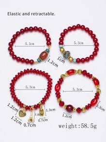 4 件波西米亚风格复古印花串珠手链首饰套装，适合女士 - 彩色 - 查看 3