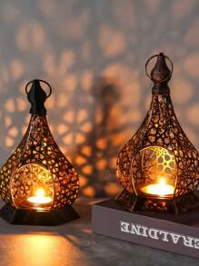 1pc Moroccan Style Metal Candle Holder, Vintage-Inspired Gilded Openwork Carved Wind Lamp, Romantic European Wedding Decor, Aromatherapy Candle Holder, Seascape Theme Decorative Hanging Light For Home, Courtyard, Garden, Villa, Distressed Lantern Design For Home Ambiance - Shipped Without Candles