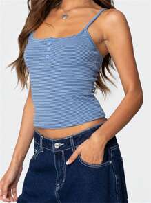 Women's Cropped Button Cami Tops Sleeveless Open Back Square Neck Striped/Floral Tank Tops - Trời xanh thẳm - Xem 4