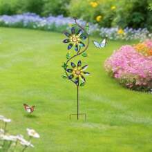 1pc 37in Garden Decoration Wind Spinner With Metal Flower Shape, Dual Heads Gently Spin In The Wind, Suitable For Decorating Garden, Yard, Patio, Pathway