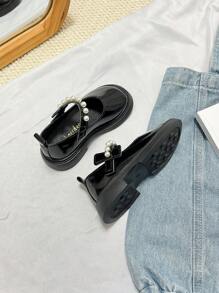 Girls Leather Shoes Fashion Loafers Toddler Lolita Style Princess Pearl Shoes, Outdoor Suitable For Spring & Autumn