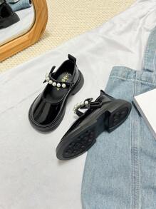 Girls Leather Shoes Fashion Loafers Toddler Lolita Style Princess Pearl Shoes, Outdoor Suitable For Spring & Autumn