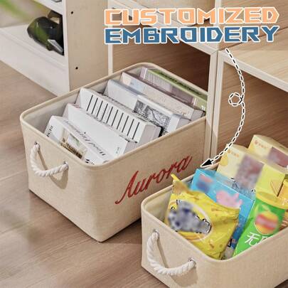 1 pieza Cesta de almacenamiento de lino con bordado personalizado y asas, organizador plegable de escritorio para control remoto, papelería, frutas, medicamentos, tarjetas, cosméticos/joyería, libros/revistas, auriculares/cables, cesta de plástico, cesta de juguetes, decoración del hogar, decoración de mesa, artículos de decoración del hogar, decoración de la habitación, decoración del dormitorio, regalos, cesta, cesta de almacenamiento, accesorios para el automóvil, cocina, organizador de baño, accesorios de cocina, decoración de la habitación, decoración del hogar