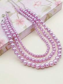 3pcs Stacking Necklace Set, Faux Pearl, Blush & Millennial Pink, Girls/Women - Imitation Pearl Necklace - View 7