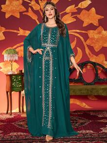 Women's Solid Color Round Neck Arabian Dress With Luxurious Beaded Embroidery, Elegant Modest Abaya Spring - Dark Green - View 6