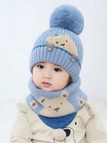 2/3 件婴儿针织帽和围巾套装，保暖内衬，卡通设计，适合幼儿男孩和女孩，秋冬 - 藍色 - 查看 4