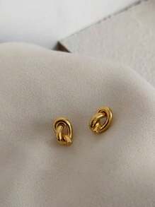 1 par de pendientes de botón elegantes y minimalistas de diseño de nudo, chapados en oro de 18K y acero de titanio, accesorios vintage de alta gama
