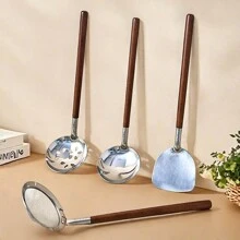 Multi-Functional Mini Kitchen Utensil, 304 Stainless Steel Ladle, Colander, Turner, Anti Scalding Wooden Handle Cooking Spoon, Cooking Tools Including Soup Spoon, Slotted Spoon,Spatula, Dishwasher Safe, Suitable For Kitchen Restaurant