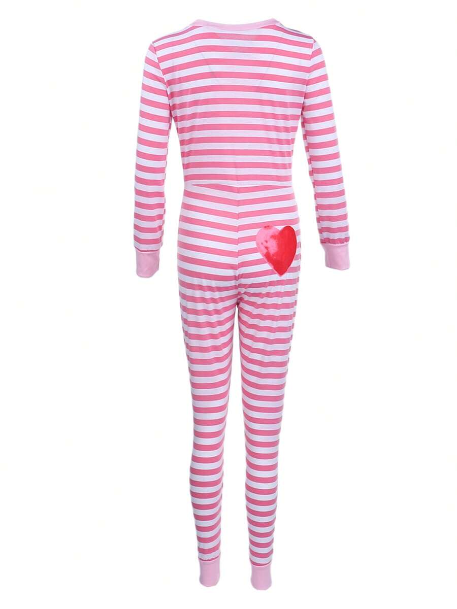 Women Casual Slim Jumpsuit, Button Neck Long Sleeve Stripe One Piece Leotard Clubwear - 亮粉紅色 - 查看 1
