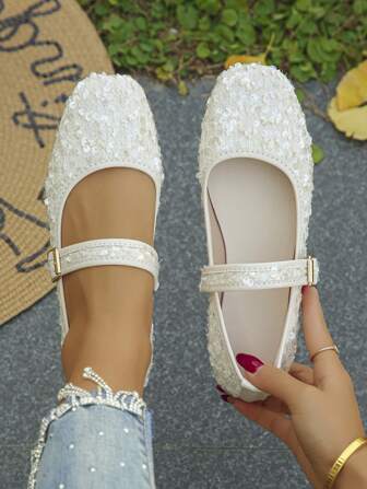 大码 35-43 复古玛丽珍平底鞋，米色，迷人亮片圆头软底工作鞋，新款春秋日常穿着和派对一脚蹬乐福鞋，女式芭蕾平底鞋