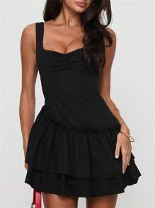 Women's Square Neck Ruffle Hem Mini Dress Sleeveless Back Lace Up Corset Short Party Dresses