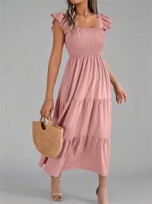 New Summer Solid Color Square Neck Backless Frill Trim Casual Slip Dress, Cake Pink Elegant - Pink - View 6
