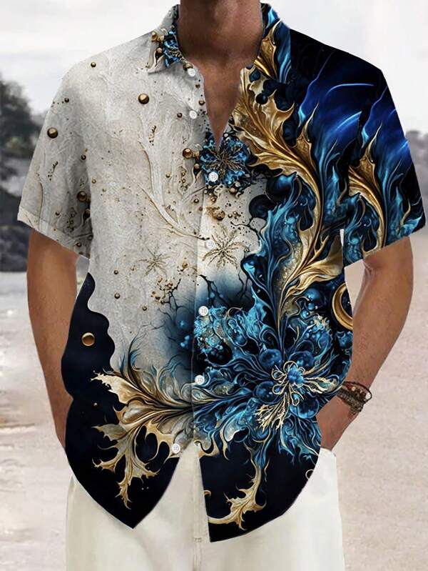 Vintage Floral Art Colorblock Print Button-Down Short Sleeve Shirt, Plus Size Men